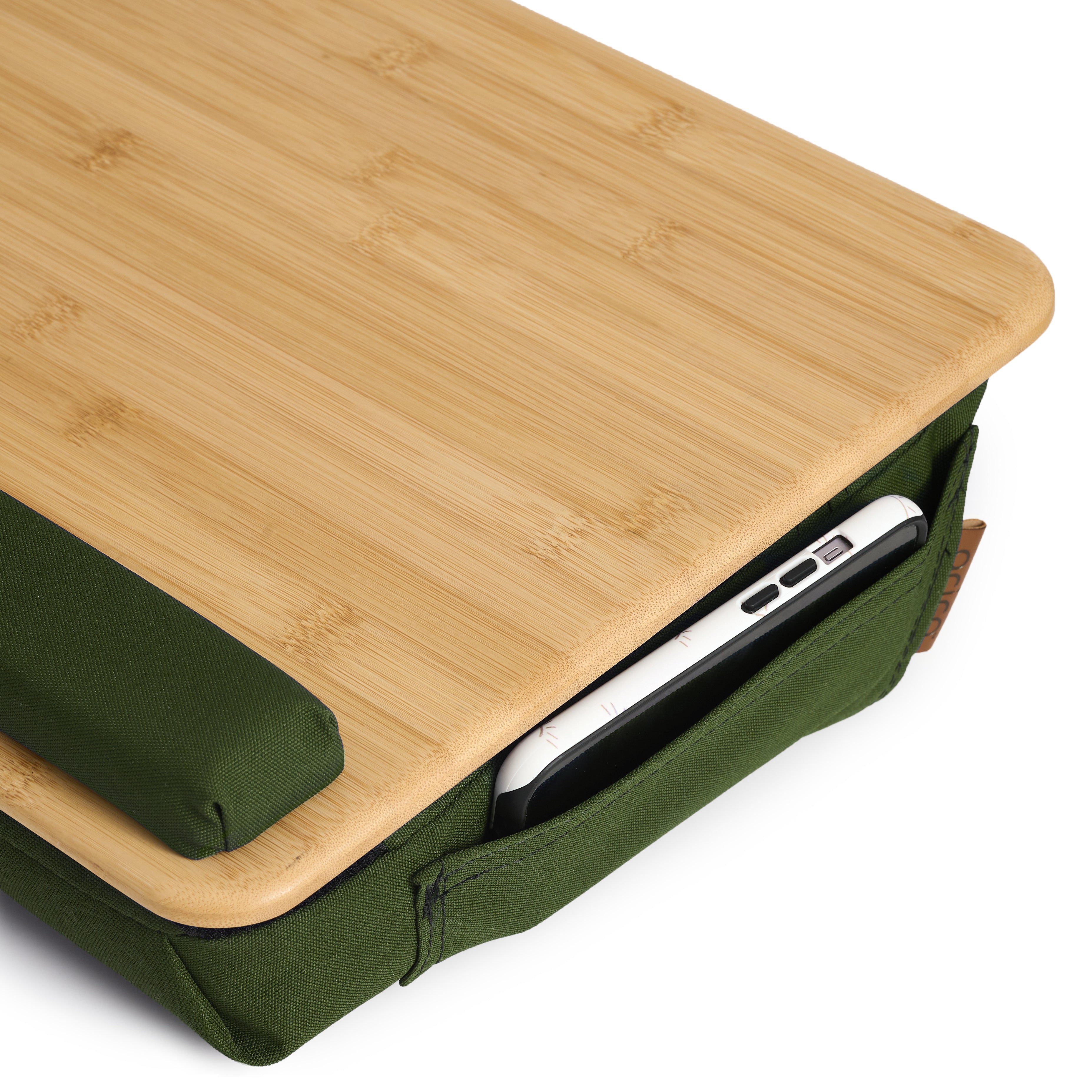 Détail de la tablette ergonomique coussinée en bambou ARICO avec pochette latérale pour téléphone