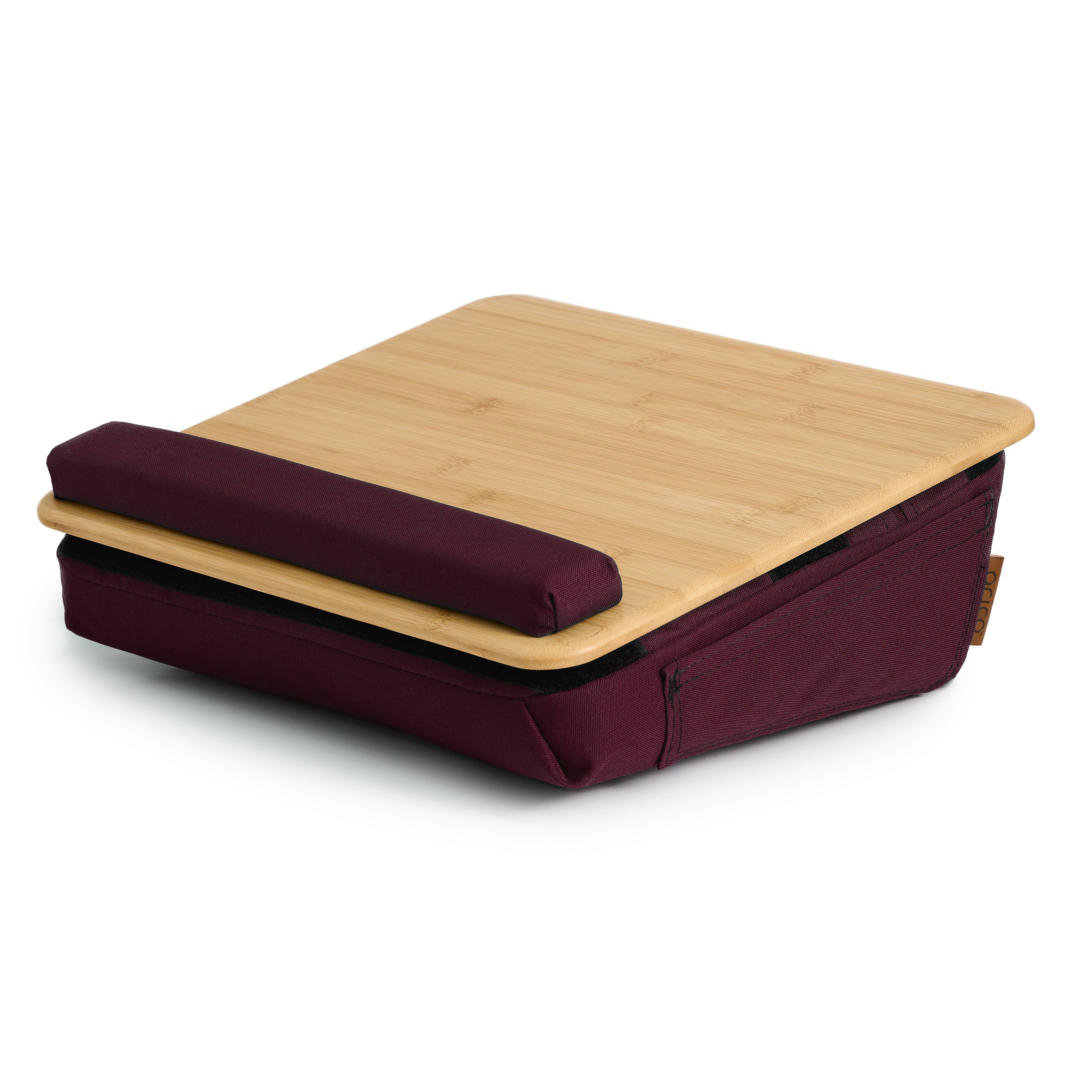 Tablette ergonomique coussinée en bambou ARICO avec base en tissu rouge bourgogne et coussin de maintien