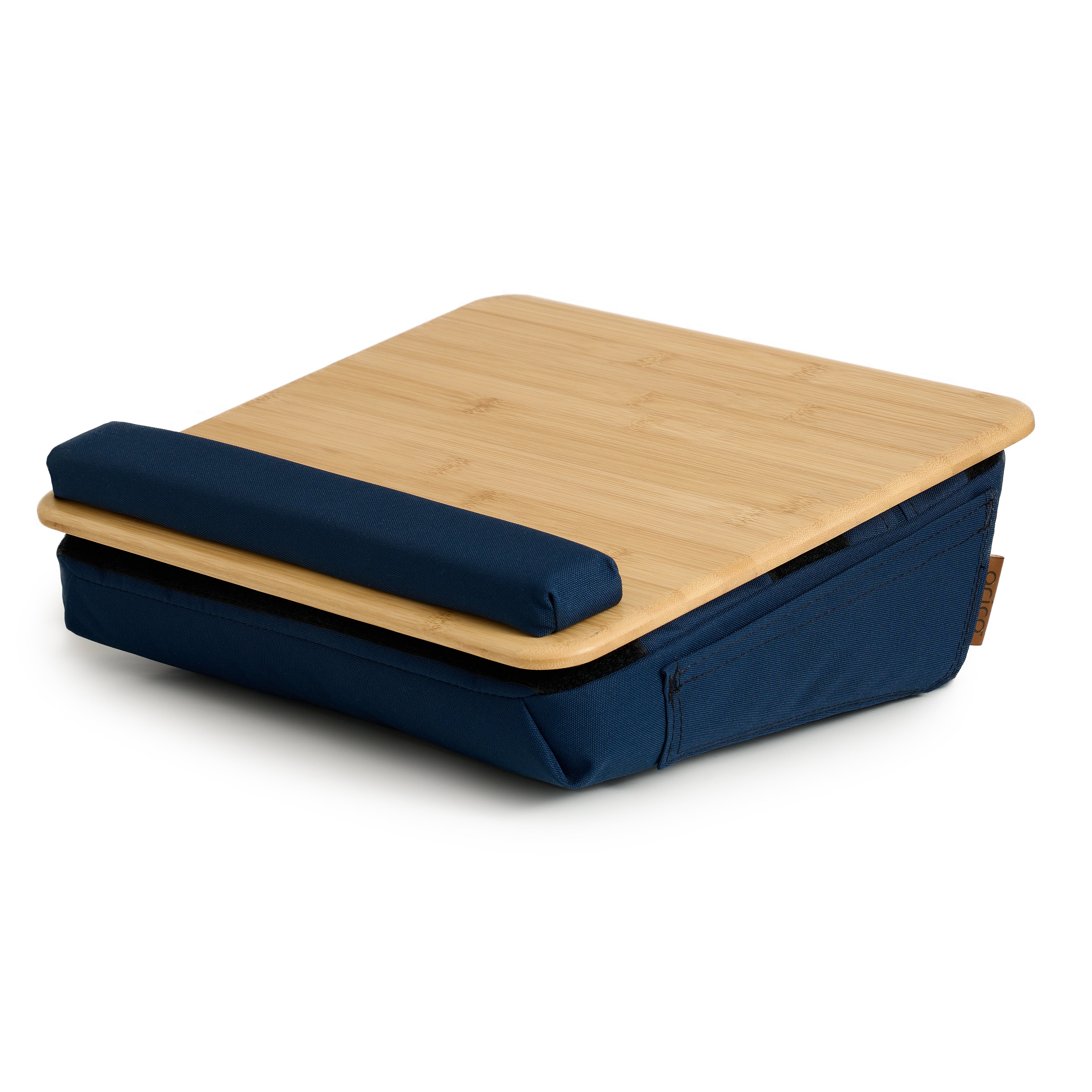 Tablette ergonomique coussinée en bambou ARICO avec base en tissu bleu et coussin de maintien