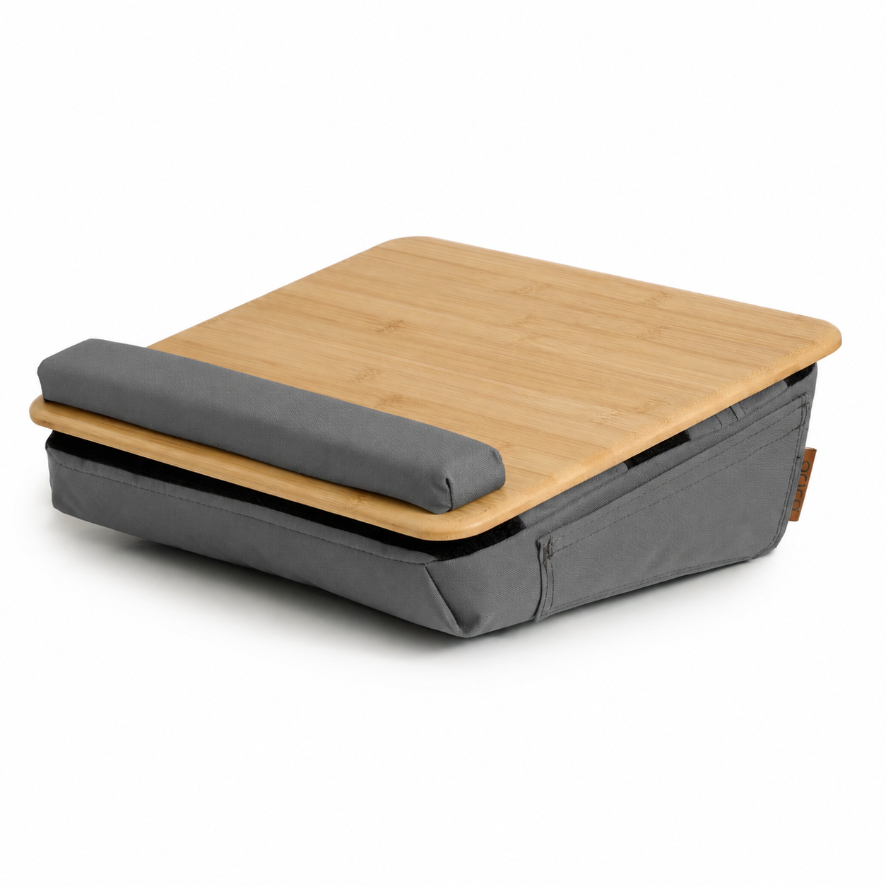 Tablette ergonomique coussinée en bambou ARICO avec base en tissu gris foncé et coussin de maintien