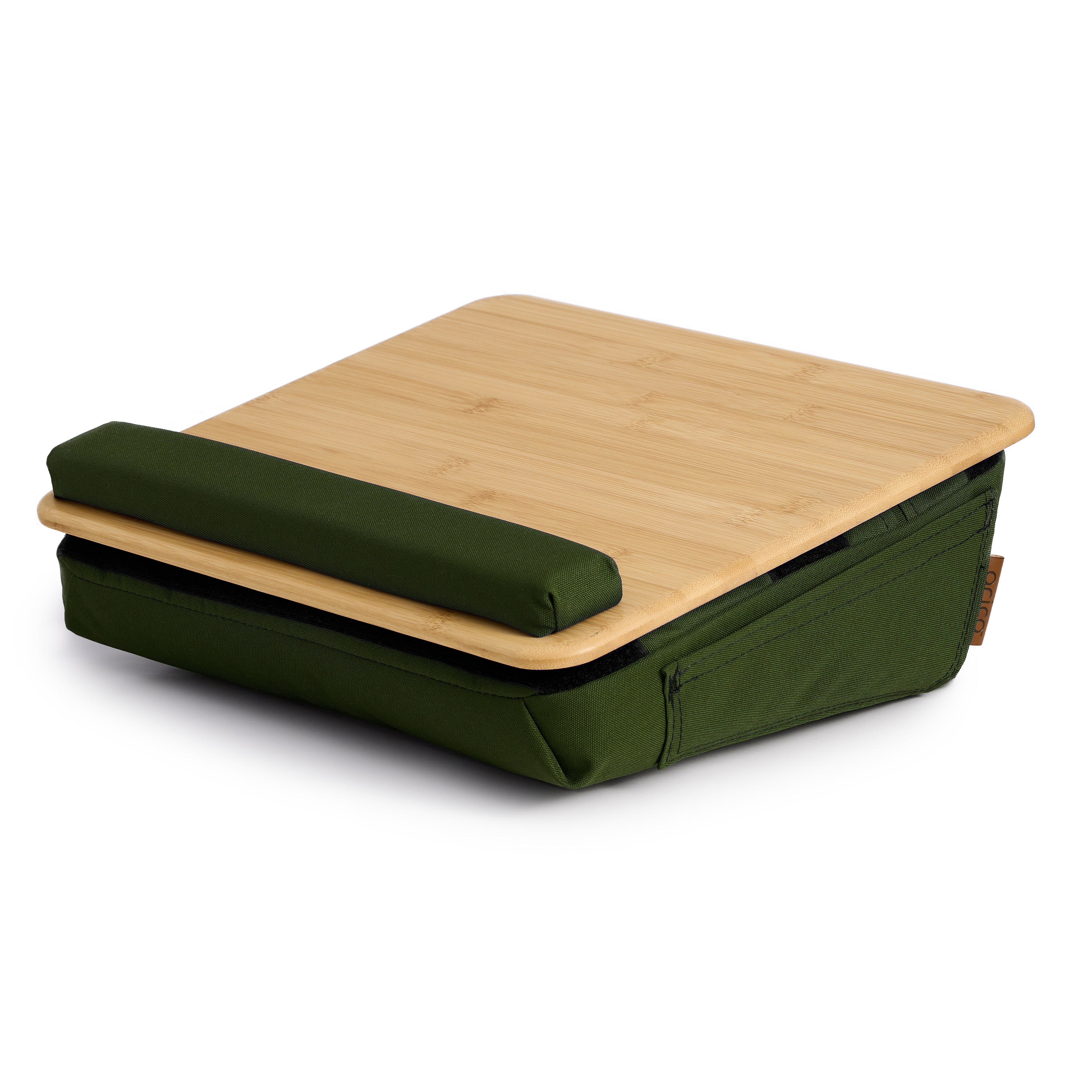 Tablette ergonomique coussinée en bambou ARICO avec base en tissu vert Olive et coussin de maintien